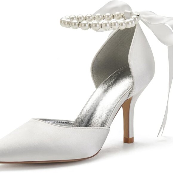Women's Pearl White Satin Wedding Shoes High Heels Pointed Toe Bridal Pumps - Picture 1 of 4